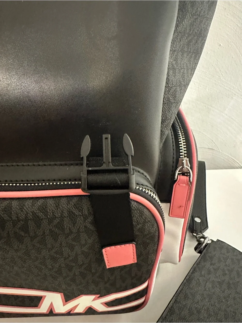 Michael Kors Black & Coral MK Monogram Backpack with Matching Pouch